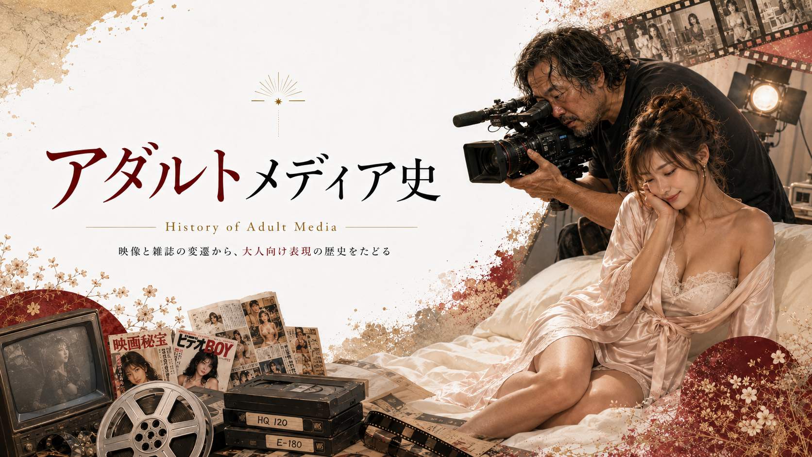 アダルトメディア史をテーマに、ビデオカメラを構える中年監督とベッドで微笑む女優、VHSや雑誌などレトロなメディア資料を組み合わせたメインビジュアル