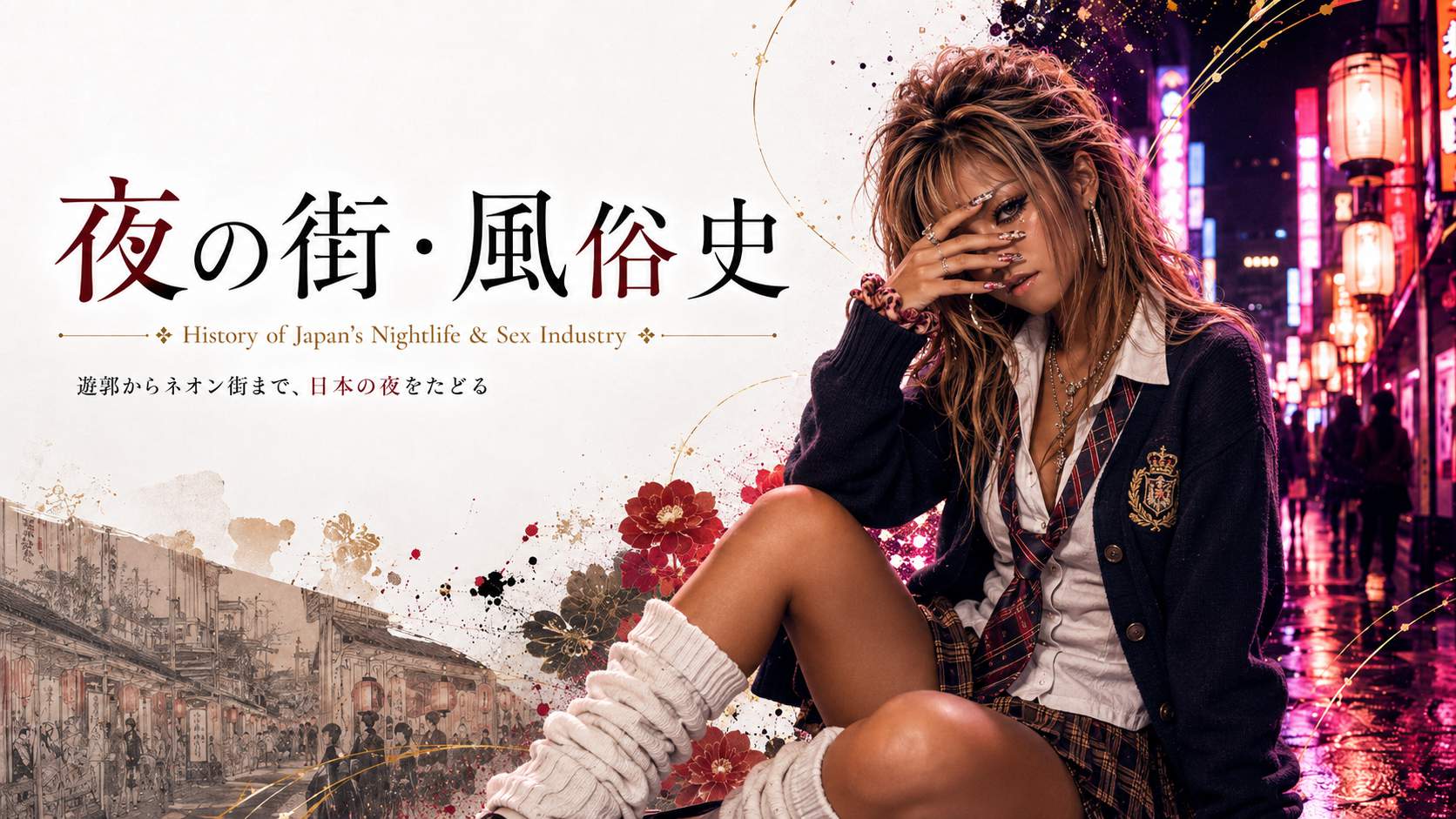 夜の街・風俗史を表すメインビジュアル。ネオン街と1990年代コギャル風の女性で、日本の夜の文化と風俗史を表現した画像